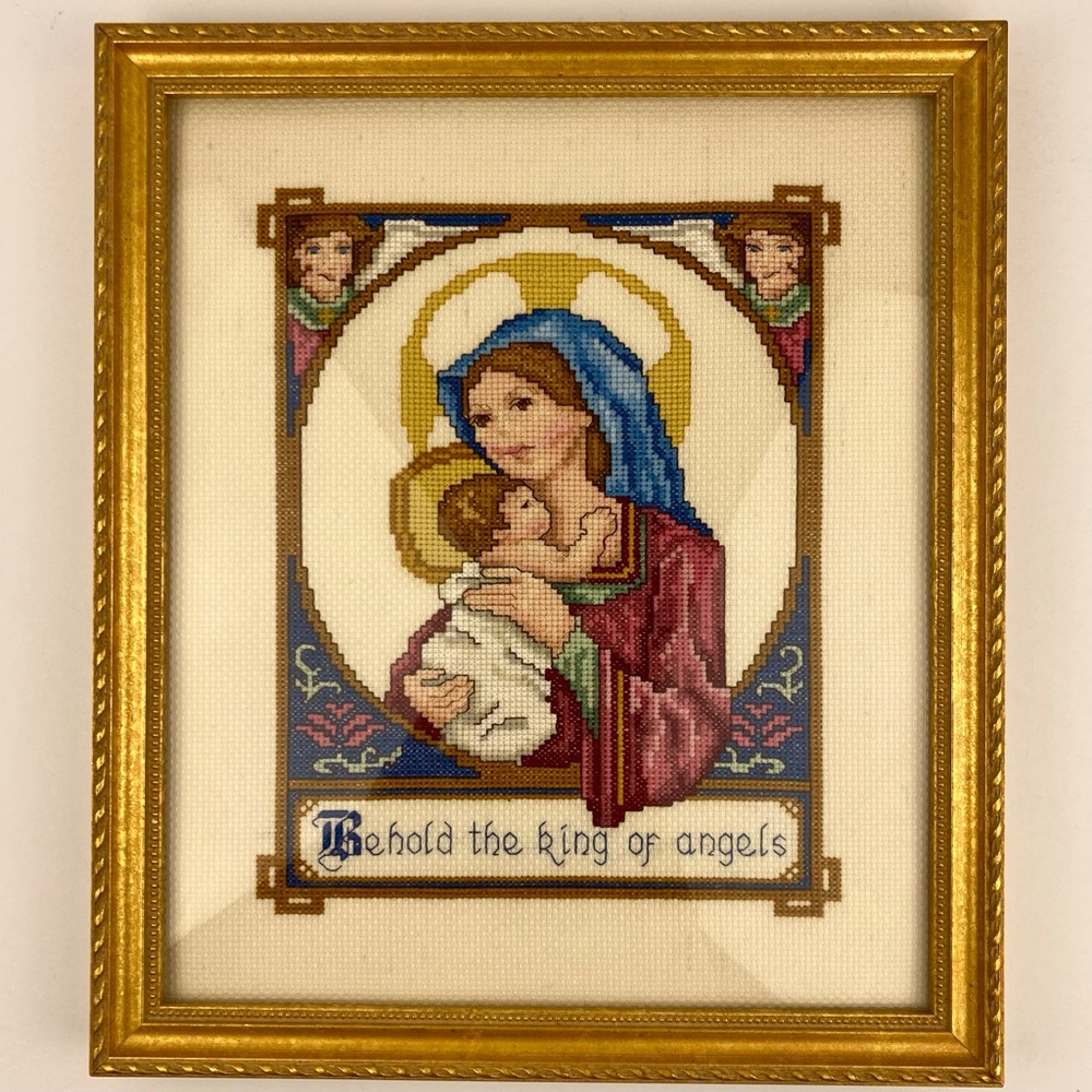 Vintage Cross Stitch 11 x12.75” Framed Mary & Jesus Religious Christmas Wall Art